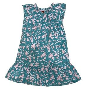 Tea Collection Girls Floral Dress Size 5 Teal Pink Ruffle Hem Cotton